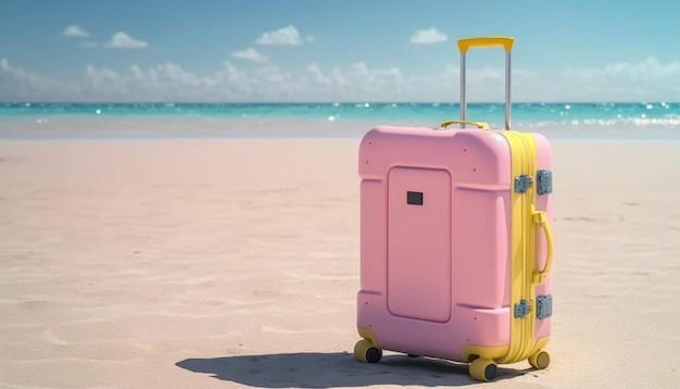 Una escena junto a la playa con una única maleta rosa esperando a ser llenada de recuerdos