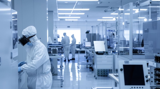 Escena de laboratorio con técnicos con equipo de protección trabajando en un entorno de sala limpia que muestra tecnología y equipos avanzados