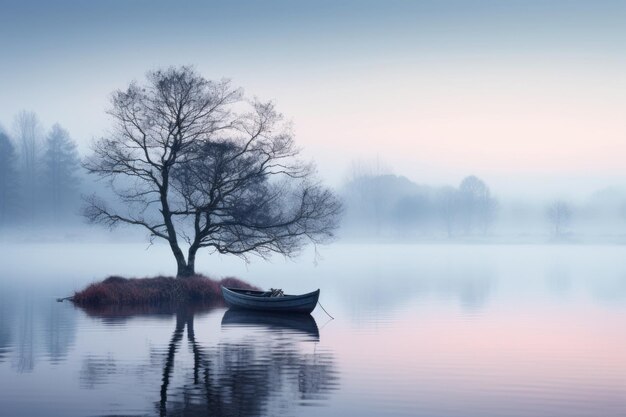 Escena de un lago brumoso con una soledad tranquila