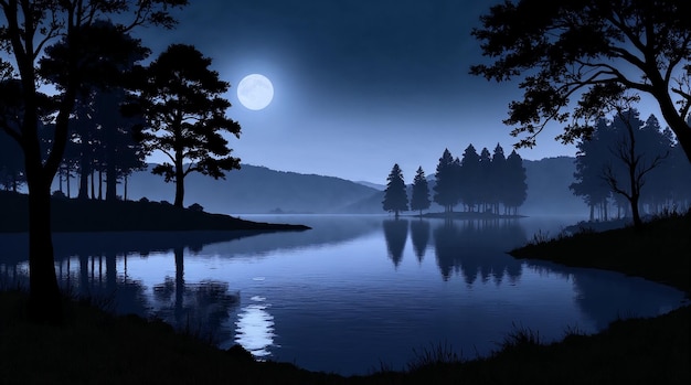 Escena de un lago bajo la luz de la luna