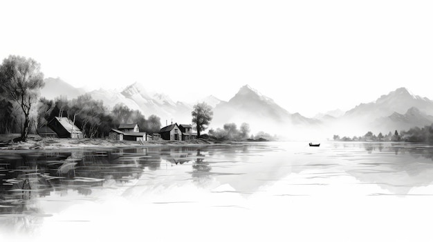 Escena del lago de súper alto detalle Ilustración de arte vectorial en blanco y negro