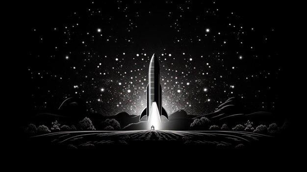 Escena de lanzamiento de cohete en estilo retro en blanco y negro Ilustración de despegue de cohete