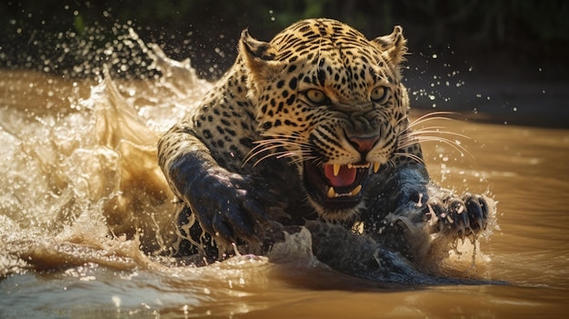 Una escena de un leopardo atrapando un cocodrilo con IA generativa