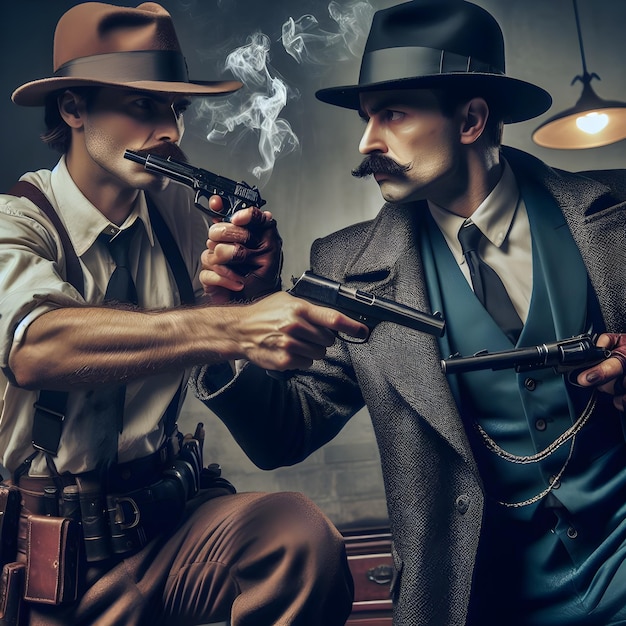 Escena de lucha entre un detective y la mafia con ilustración de armas