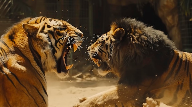 Escena de lucha entre un león y un tigre.