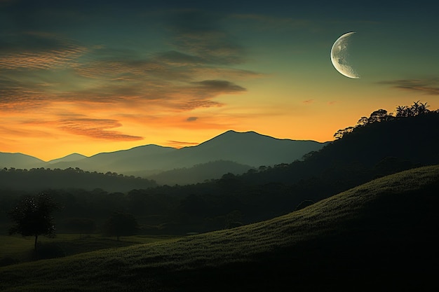 Foto escena de luna creciente sobre las colinas