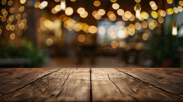 Escena de madera rústica con luces festivas