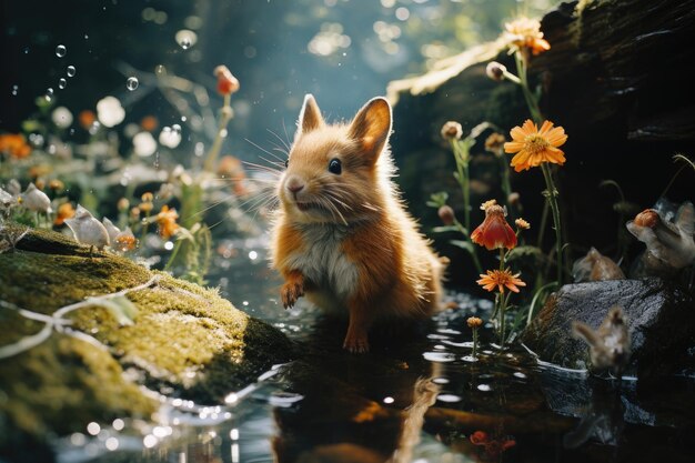 Escena mágica Animales encantadores juegan en armonía en la naturaleza IA generativa