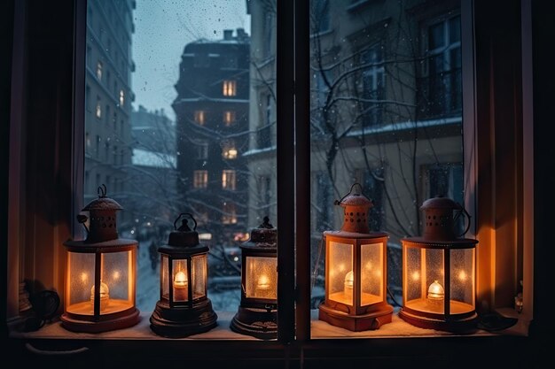 Escena mágica de faroles en la nieve en una ventana con vista a la calle