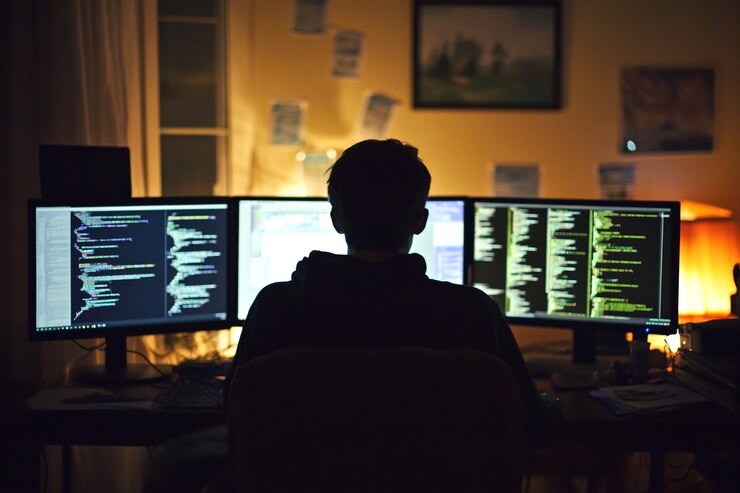 Foto una escena de mal humor oscuro que muestra a un hacker en el trabajo iluminado por el resplandor de múltiples pantallas de computadora los diseños de correos electrónicos de phishing de datos financieros y indicadores de estafa en línea aparecen en las pantallas