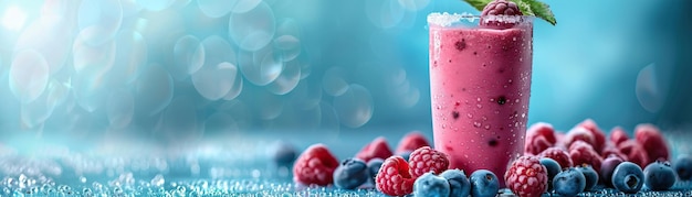 Una escena de la mañana crujiente con un smoothie cubierto de rocío vidrio bayas frescas en el borde