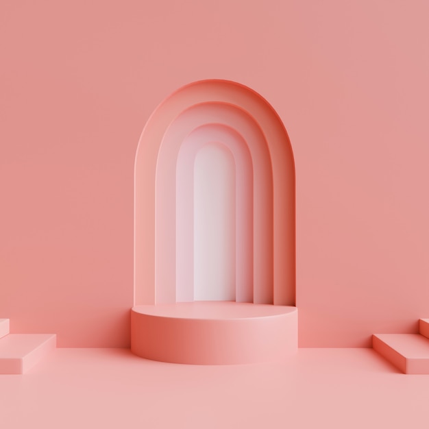 Escena de maqueta creativa con forma de geometría de podio para exhibición de productos y render 3D de fondo rosa