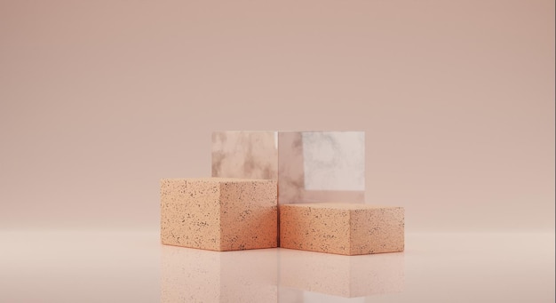 Escena de maqueta de fondo mínimo con forma de geometría de podio para la visualización del producto Representación 3D Copia espacio fondo beige Cosméticos o productos de belleza Banner minimalista de pedestal de piedra natural