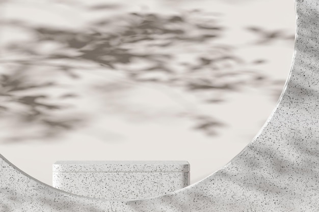 Escena de maqueta para presentación de producto plataforma de terrazo blanco y sombras de plantas sobre fondo beige