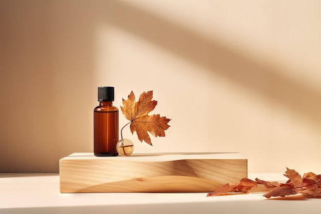 Escena de marca minimalista con follaje de otoño botella de vidrio marrón aceite esencial y podio de madera pre