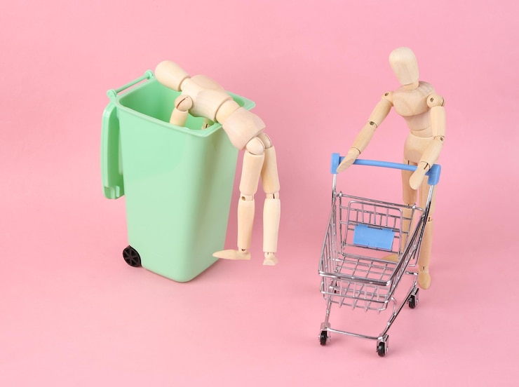 Foto escena con una marioneta hurgando en un bote de basura y conduciendo con un carrito de compras sobre un fondo rosa