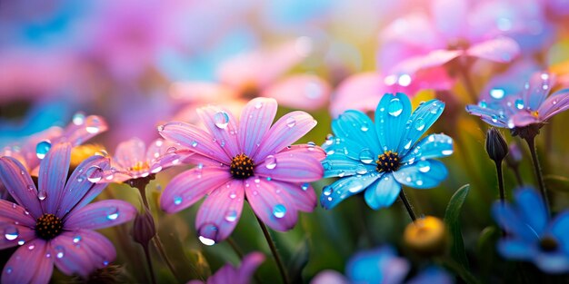 Escena matutina con gotas de rocío en las flores de primavera