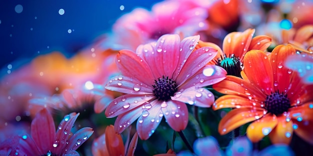 Escena matutina con gotas de rocío en las flores de primavera