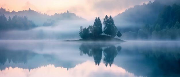 Escena matutina de niebla en el lago Lacu Rosu