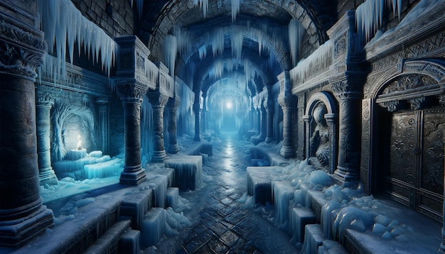 Una escena de mazmorra de hielo subterránea para una aventura de fantasía