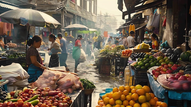 Una escena de mercado bulliciosa con gente comprando y vendiendo una variedad de bienes El mercado está lleno de color y vida