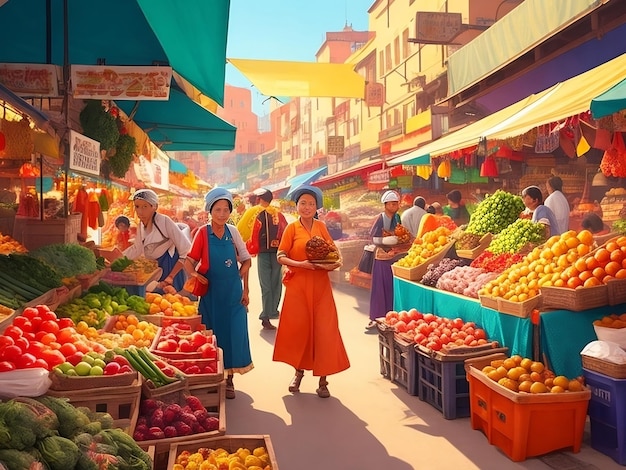 escena de mercado bulliciosa con puestos vibrantes productos coloridos y personas que van sobre sus vidas diarias