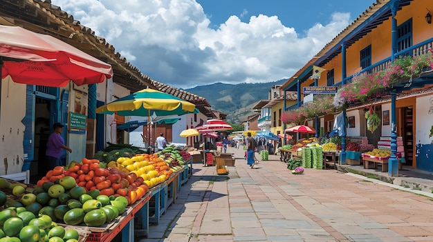 Una escena de mercado latinoamericano vibrante y bulliciosa con paraguas de colores, productos frescos y gente que sigue con su vida diaria.