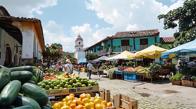 Una escena de mercado latinoamericano vibrante y bulliciosa con personas comprando productos frescos, puestos coloridos y una iglesia en el fondo.