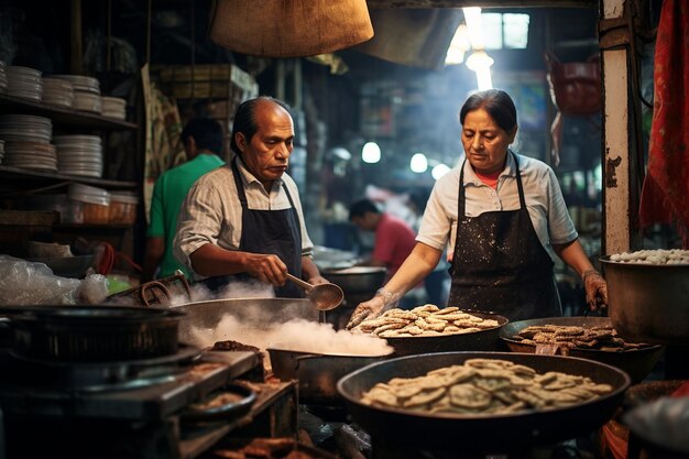 Una escena de un mercado mexicano con vendedores que venden tortillas y salsas hechas a mano