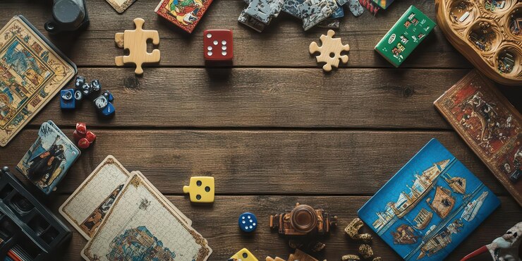 Foto una escena de mesa con juegos, rompecabezas y dados para actividades de ocio