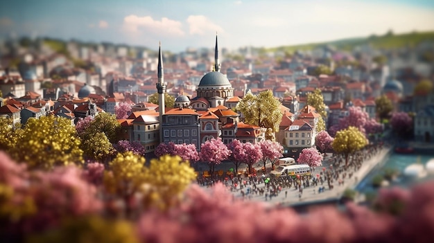 Una escena en miniatura de Estambul con una mezquita al fondo.