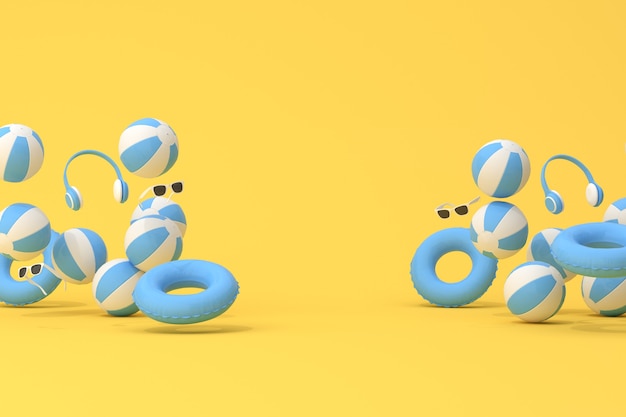 Escena mínima de anillo inflable con pelota de goma sobre fondo amarillo, concepto de verano, render 3d.