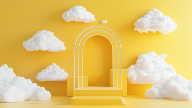 Escena mínima con arco del podio y nubes renderización 3D