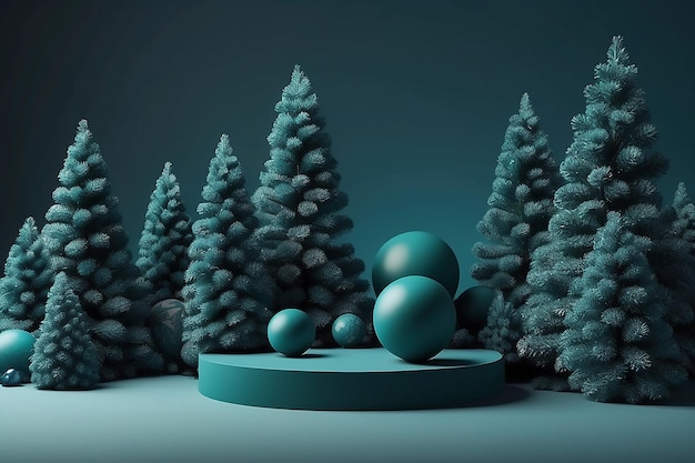 Escena mínima con bolas y pinos podio formas verdes azules de medianoche para vacaciones de Navidad conceptos de invierno y revistas cartel bandeja renderización 3D