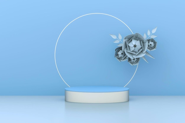 Escena mínima con flores de podio y fondo abstracto Representación 3d de moda para redes sociales