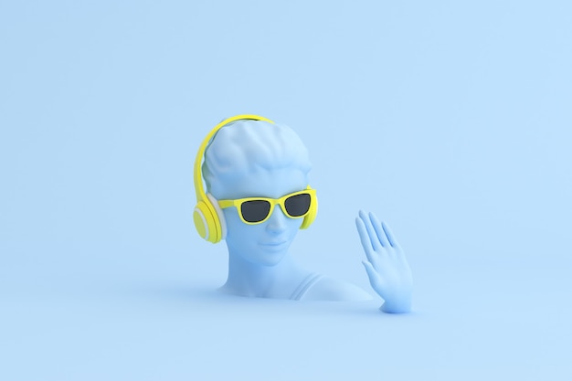Escena mínima de gafas de sol y auriculares en la escultura de la cabeza humana, concepto de música.