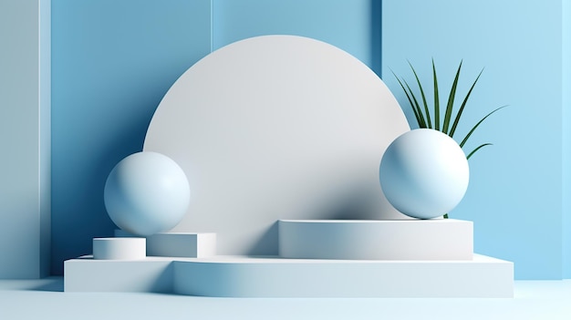 Escena mínima con podio color azul pastel IA generativa
