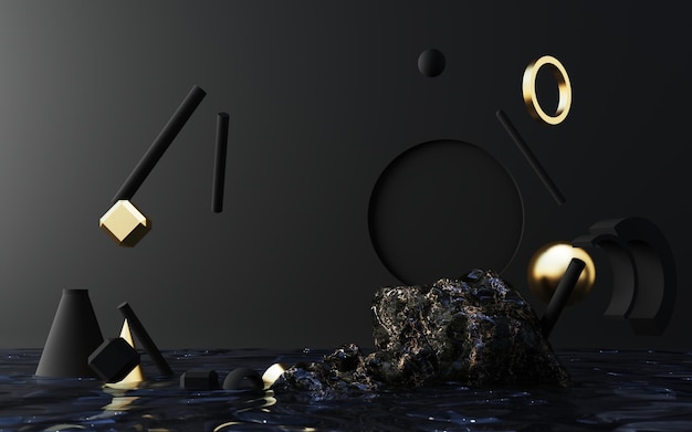 Escena mínima con podio Escena de mármol dorado y negro Moderno para pancartas promoción de productos cosméticos Muestra formas geométricas en agua húmeda Renderizado en 3D