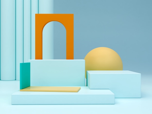 Escena mínima con podio y fondo abstracto Escena de colores pastel azul Forma geométrica amarilla Representación 3d mínima Escena con formas geométricas Fondo azul y arco naranja 3D Render