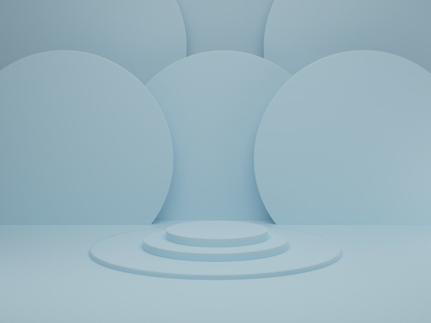 Escena mínima con podio sobre fondo azul pastel. Forma geometrica. Escena abstracta con formas geométricas. Representación 3D.