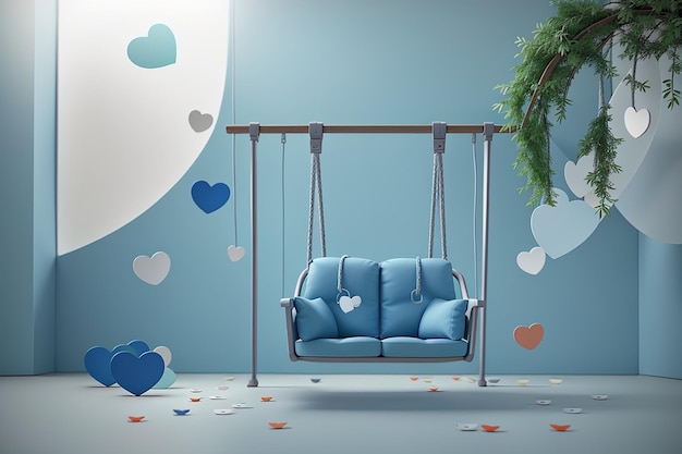 Escena mínima de una silla oscilante azul con dos corazones