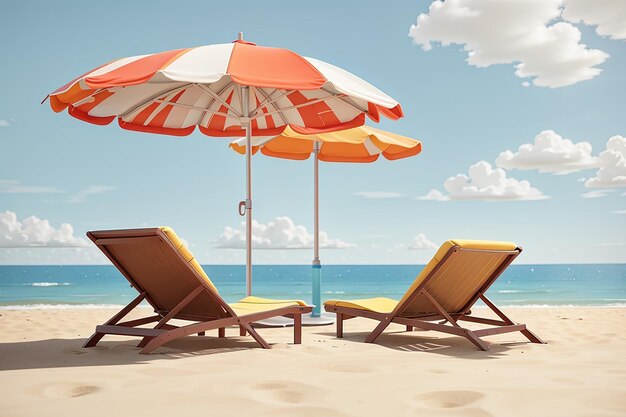 Escena mínima de sillas de playa y paraguas