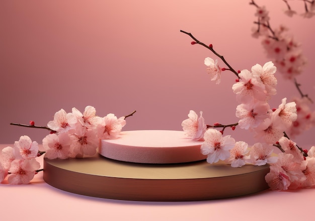 Escena minimal abstrata com formas geométricas pódio de cilindro em fundo rosa com flor de sakura rosa apresentação de produto maquete de show pódio de produto pedestal de palco ou plataforma AI Gerativo