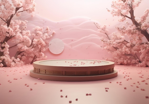 Escena minimalista abstracta con formas geométricas podio cilíndrico en fondo rosa con flor de sakura rosa presentación de producto maqueta de espectáculo podio de producto pedestal de etapa o plataforma AI generativo