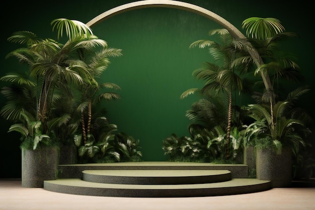 Escena minimalista abstracta con hojas de palma de podio verde y arco redondo