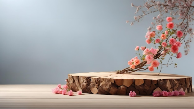 Una escena minimalista de un árbol talado yace con flores sobre un fondo natural