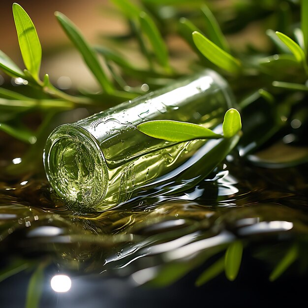 Escena minimalista de una botella de cosméticos sobre una superficie de agua serena con hermosas ideas de diseño natural