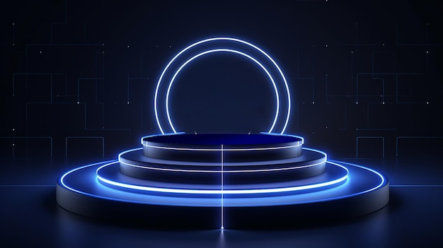 Una escena minimalista de exhibición de tecnología de podio geométrico con color azul profundo