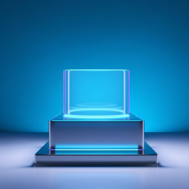 Una escena minimalista de exhibición de tecnología de podio geométrico con color azul profundo
