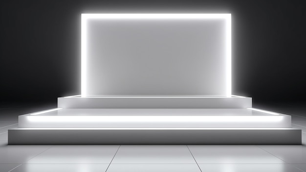 Una escena minimalista de exhibición de tecnología de podio de pasos geométricos con lámpara de neón